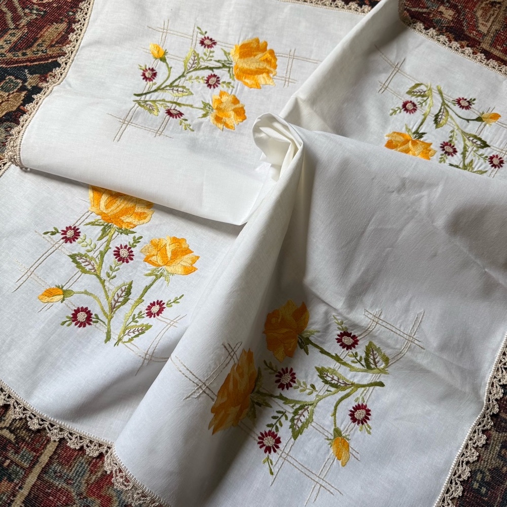 Vtg Embroidered Floral Tablecloth with Yellow Accents - Picture 3 of 4